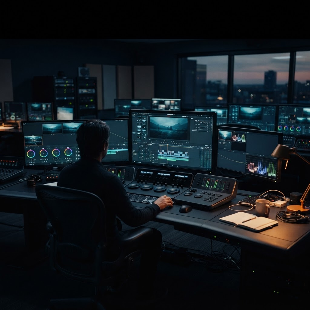 A modern broadcast and post-production control room at dusk