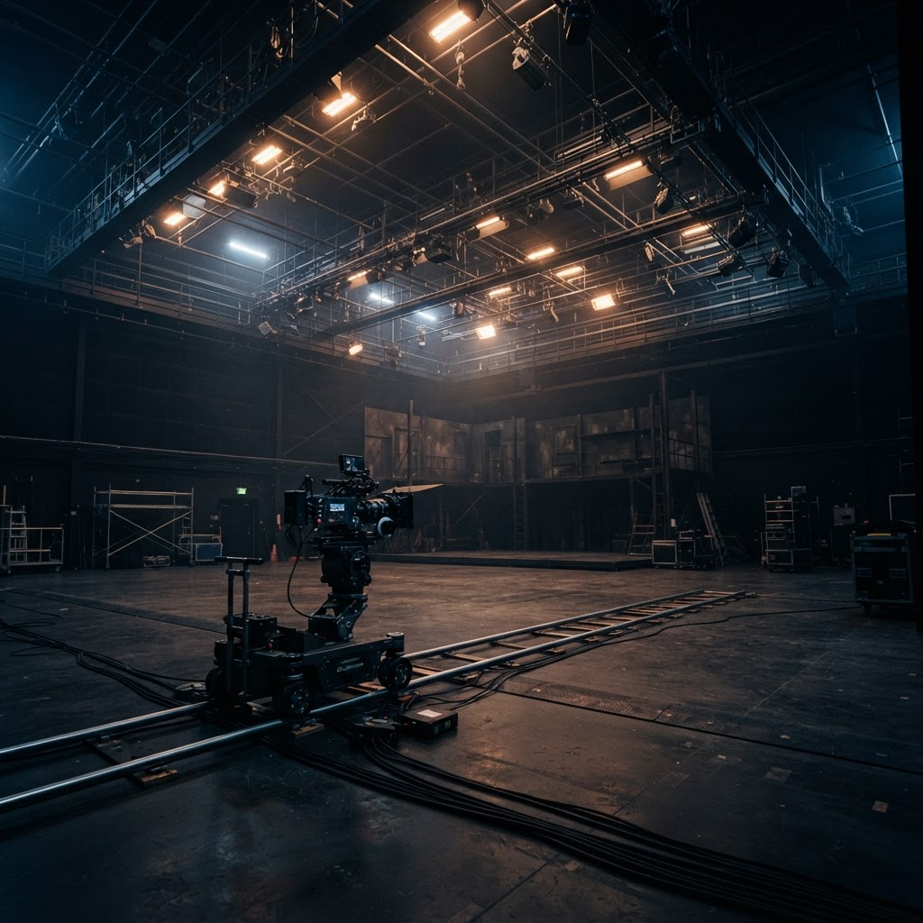 A professional film and television soundstage with an overhead lighting grid and a cinema camera on a dolly track